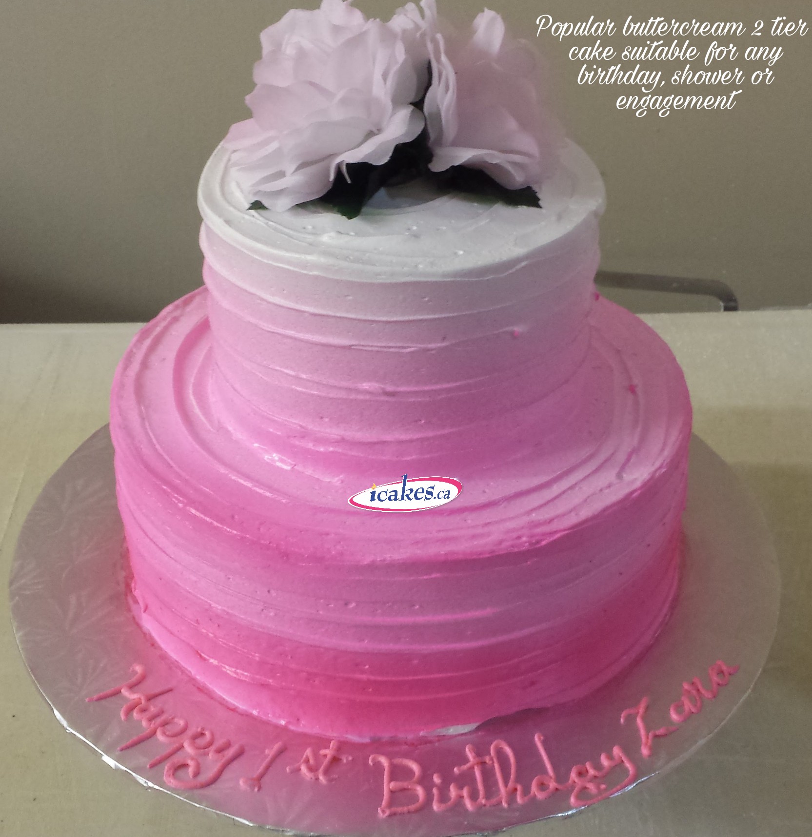 2 Tier Ombre Style, Silk Roses, Buttercream Birthday Cake For Woman/Girl