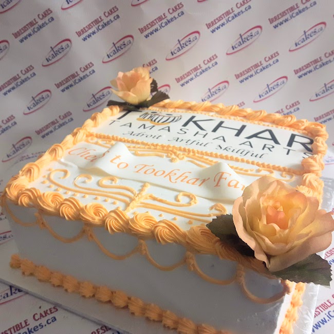 Tookhar Tamasha Arts edible logo corporate  buttercream silk roses slab cake from Irresistible Cakes